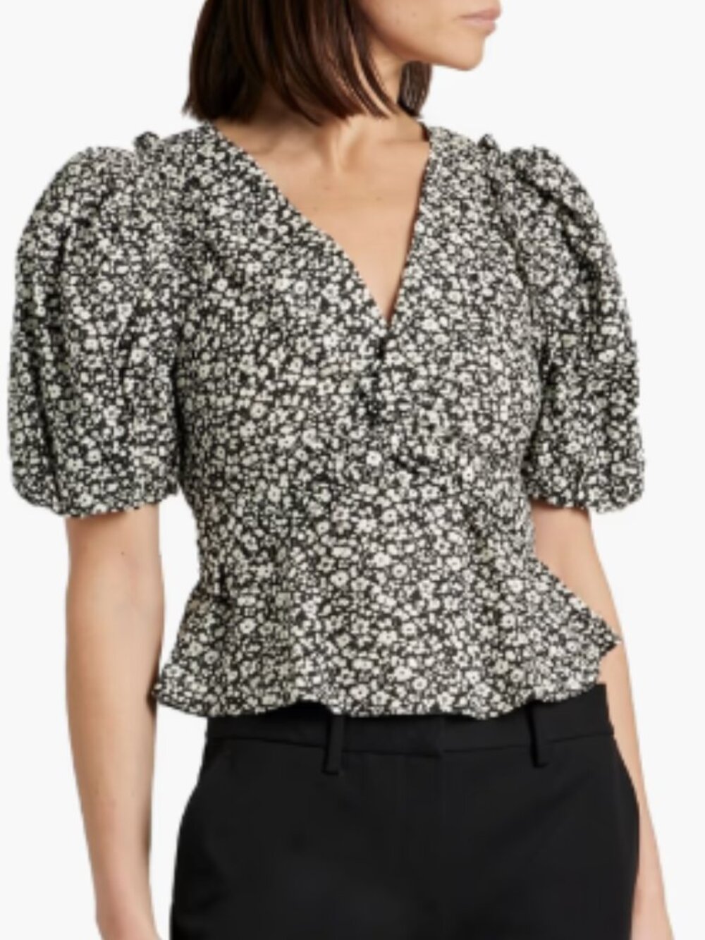 Derek Lam 10 Crosby Salma Floral Linen Blend Top NWT‎ Sz 6 Puff Sleeve Peplum